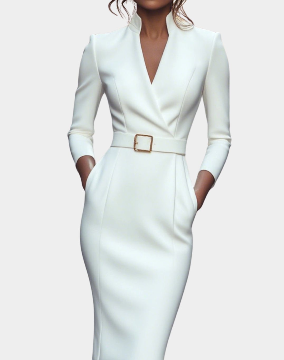 Women's Belted Pencil Midi Dress V-Neck Three-Quarter Sleeve - White