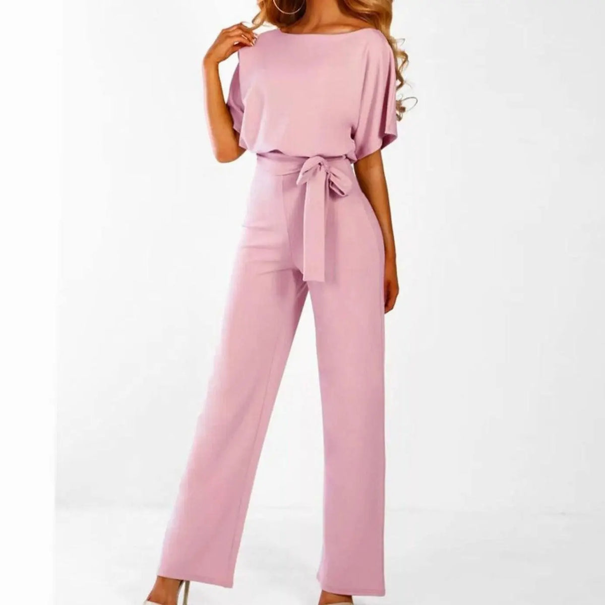 Women's Belted Wide-Leg Two-Piece Set Short-Sleeve Top - Pink