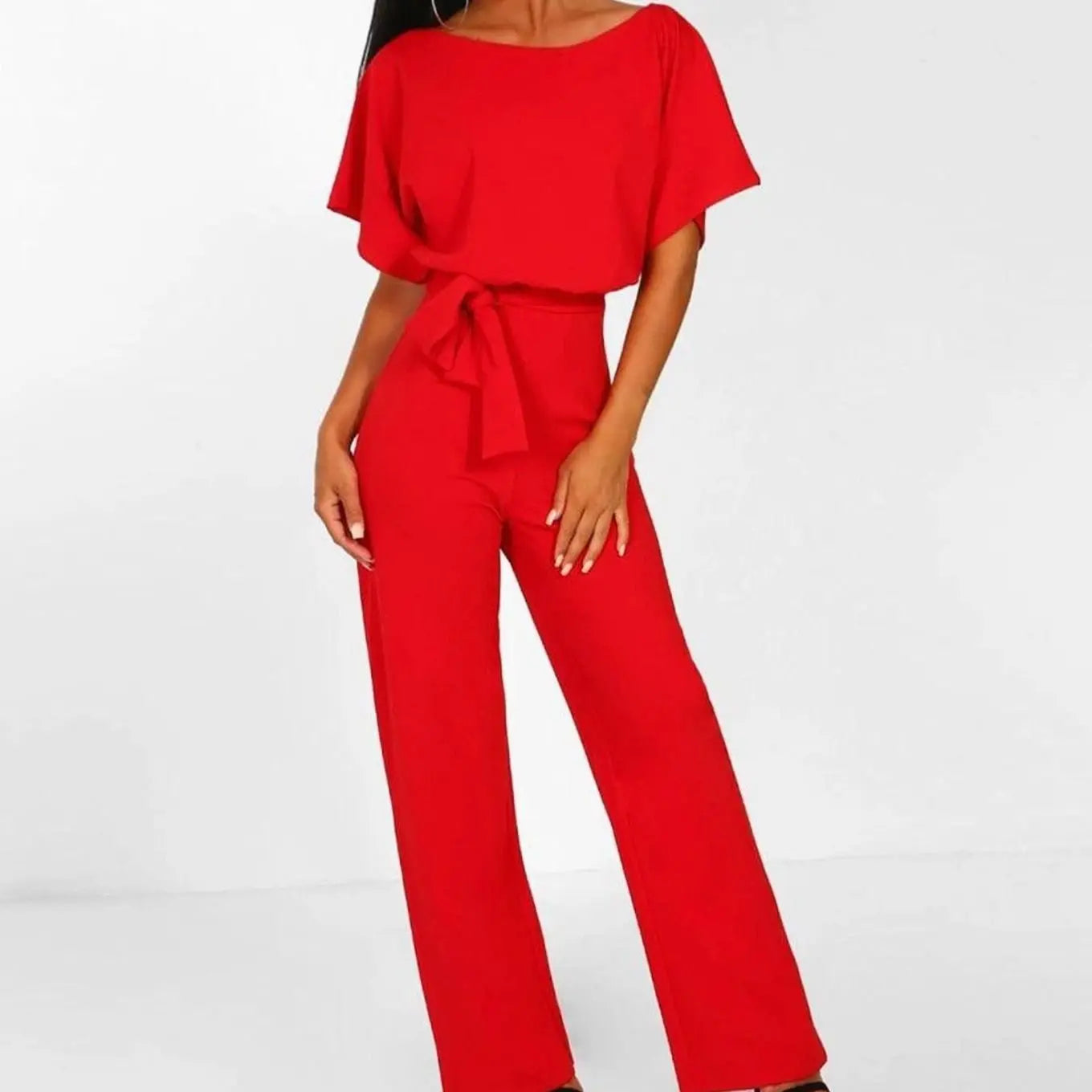 Women's Belted Wide-Leg Two-Piece Set Short-Sleeve Top - Red