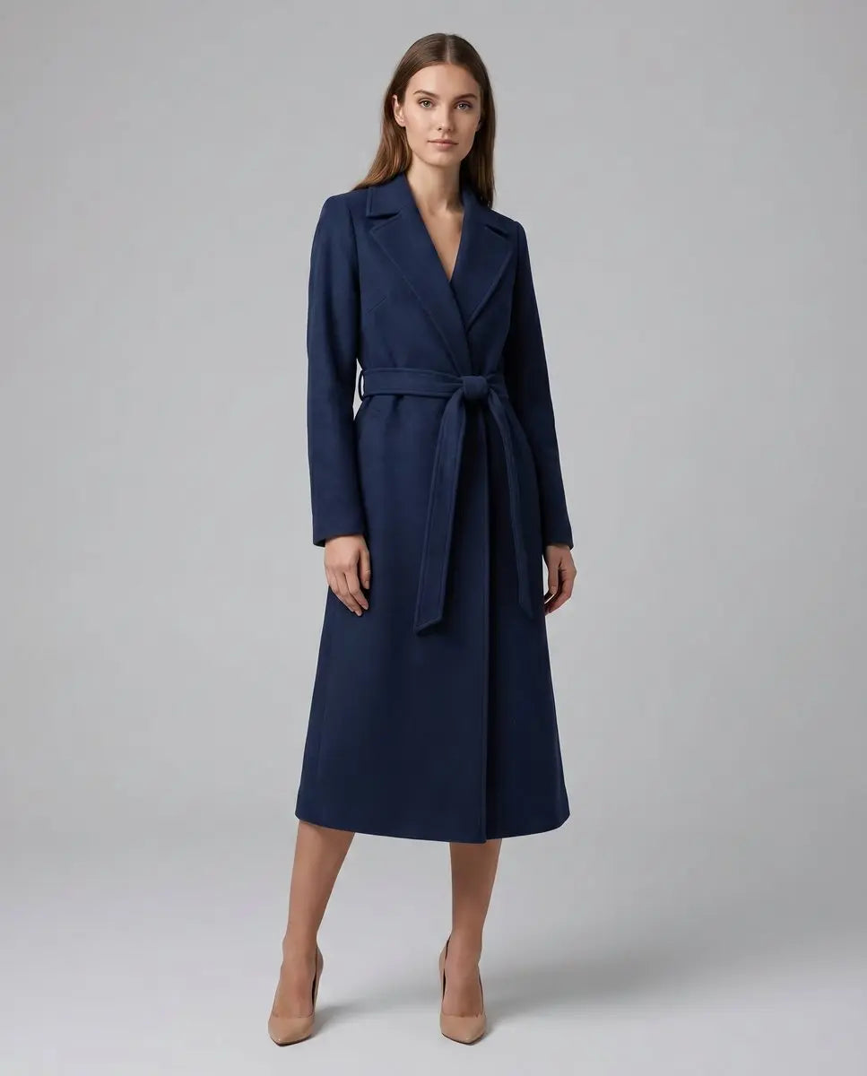 Women's Belted Wool-Blend Long-Line Trench Coat Lapel Overcoat