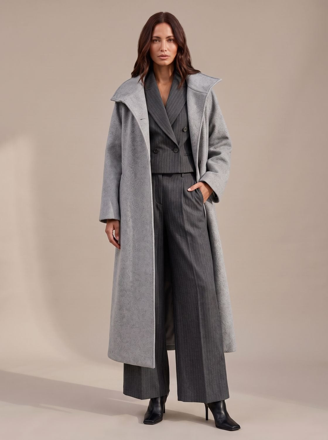 Women's Belted Wool Long Winter Coat Wide Structured Collar