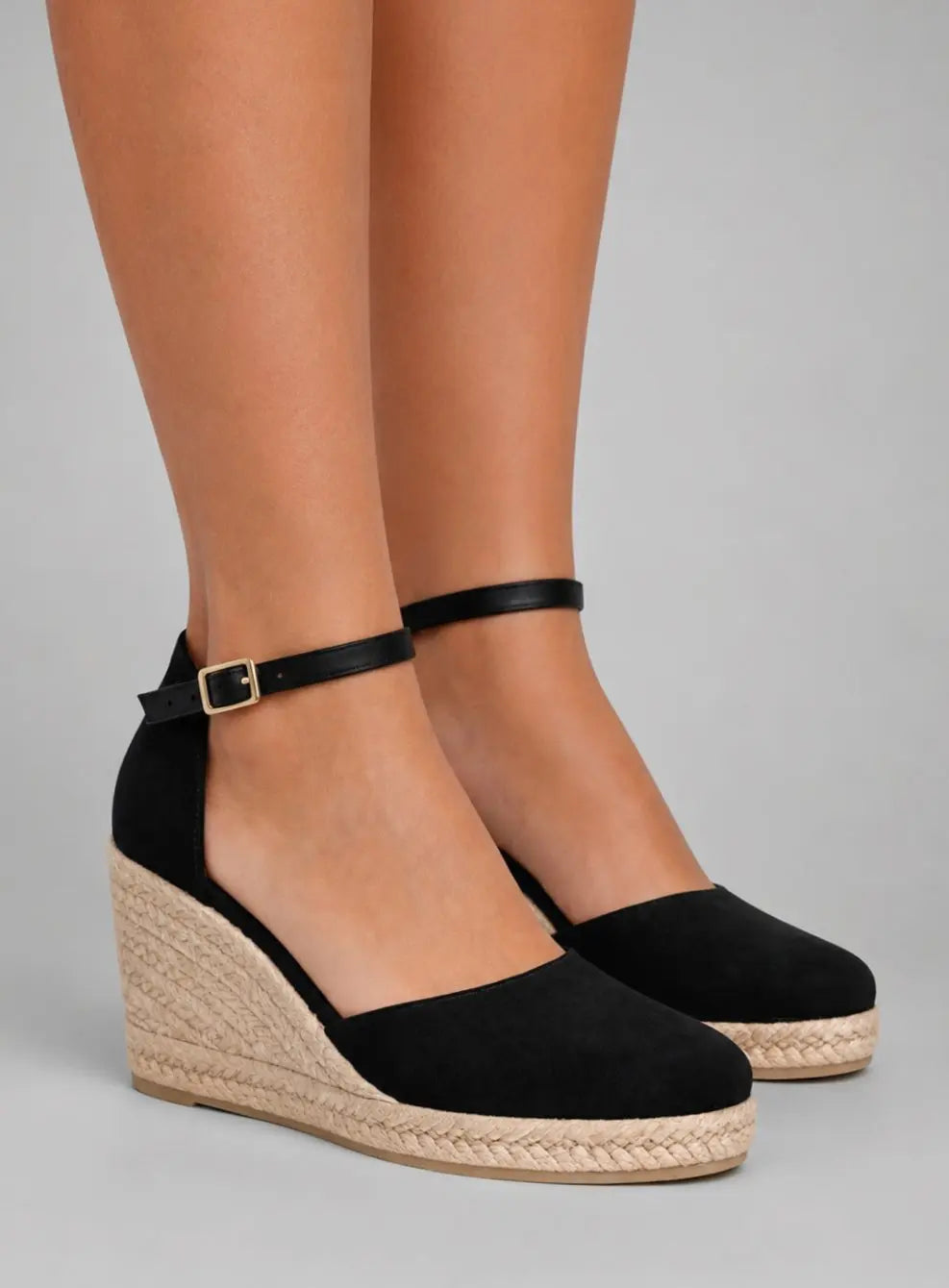 Women's Black Closed Toe Espadrille Wedge Sandals Ankle Strap - Black