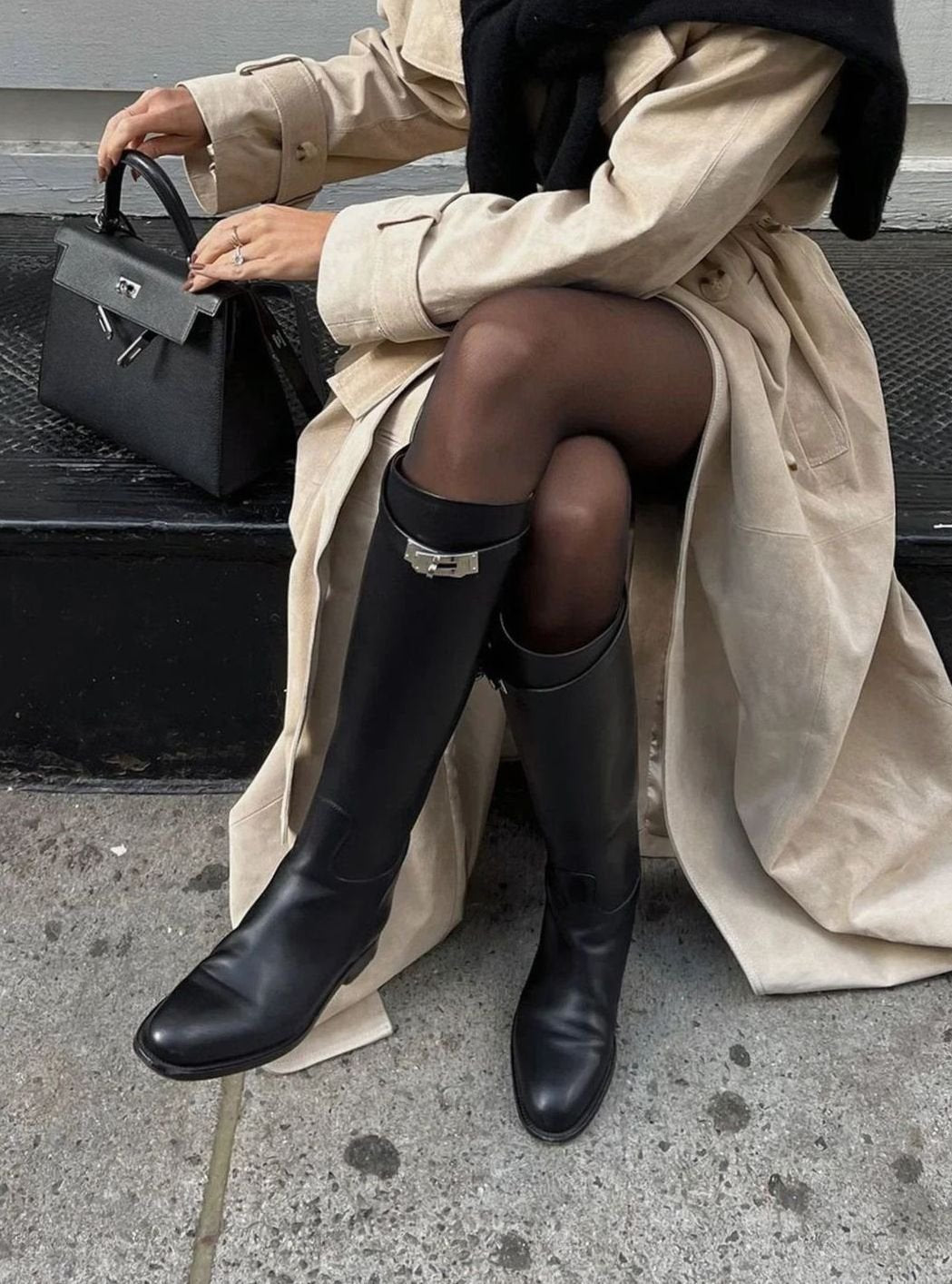 Women's Black Leather Knee-High Flat Riding Boots Buckle Detail