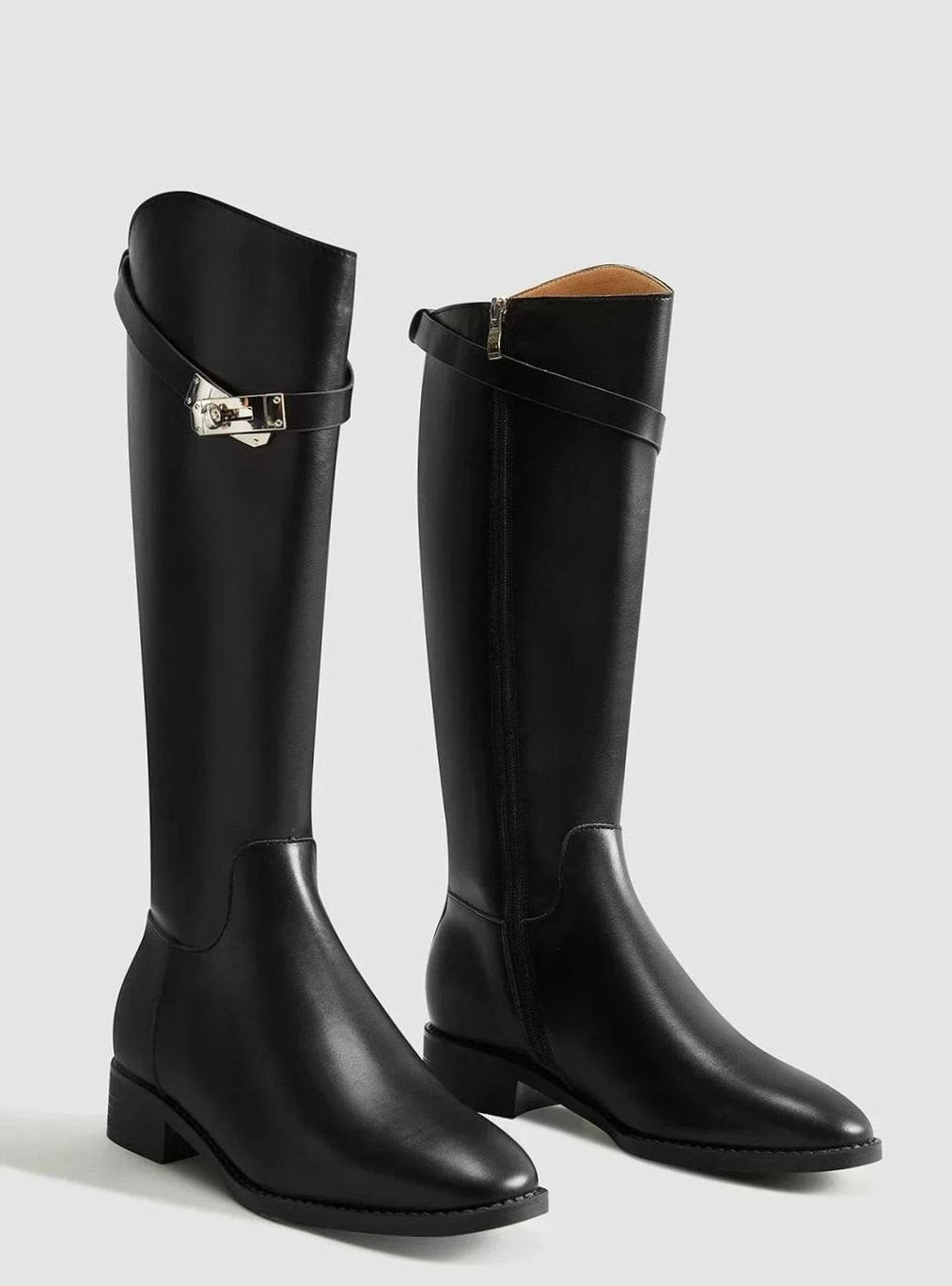 Women's Black Leather Knee-High Flat Riding Boots Buckle Detail