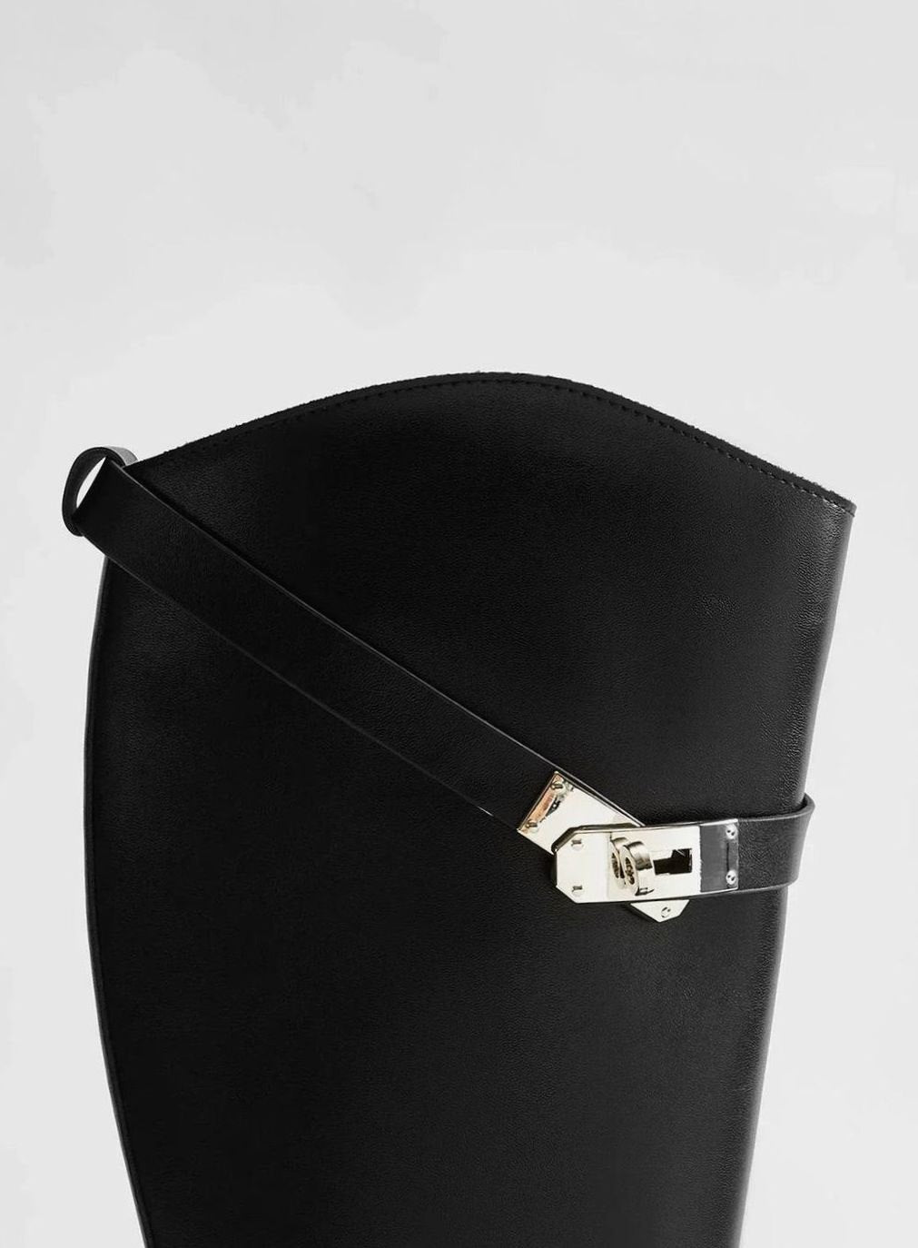 Women's Black Leather Knee-High Flat Riding Boots Buckle Detail