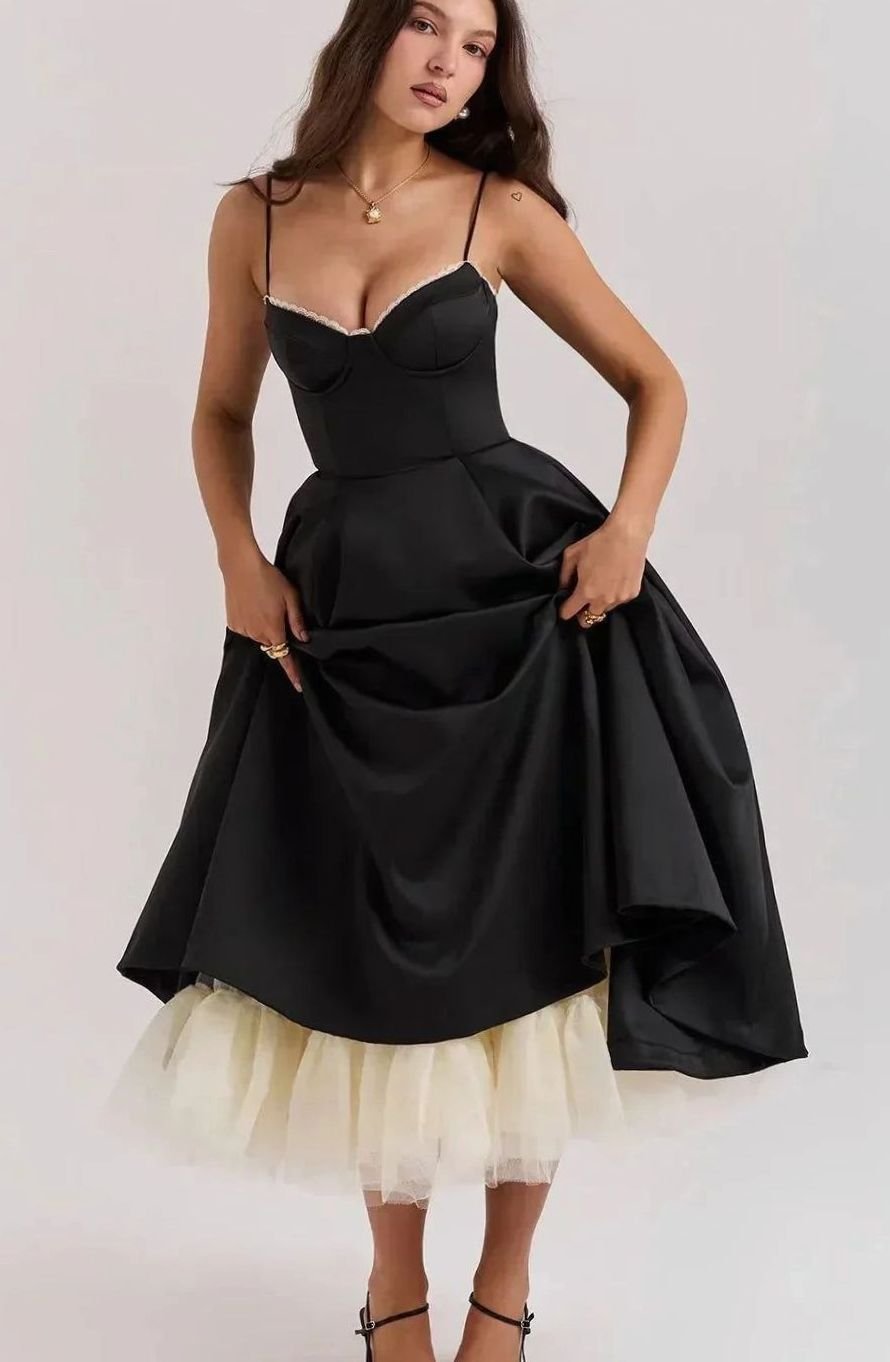 Women's Black Satin Bustier Party Dress Cream Tulle Midi - Black