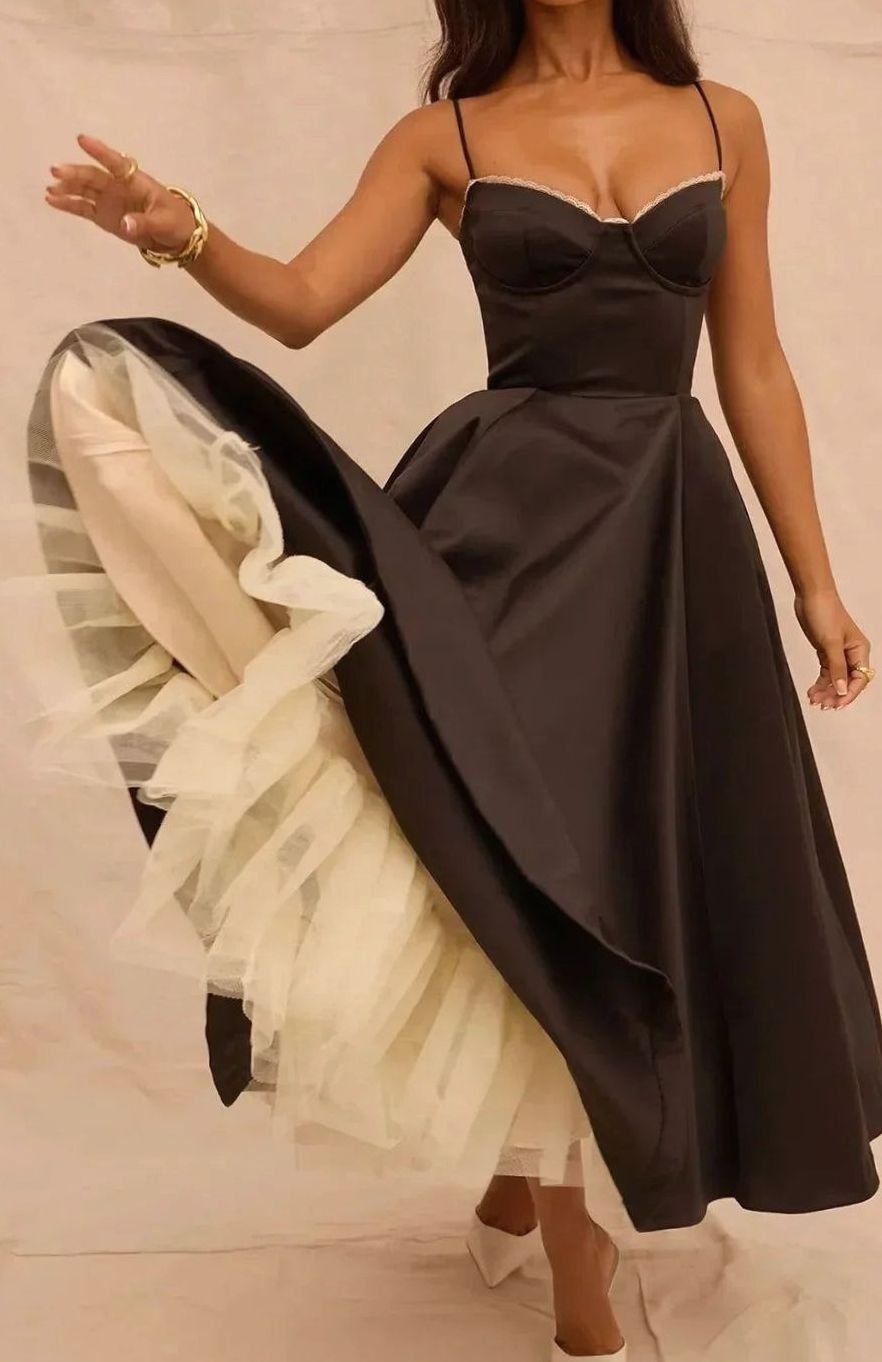 Women's Black Satin Bustier Party Dress Cream Tulle Midi
