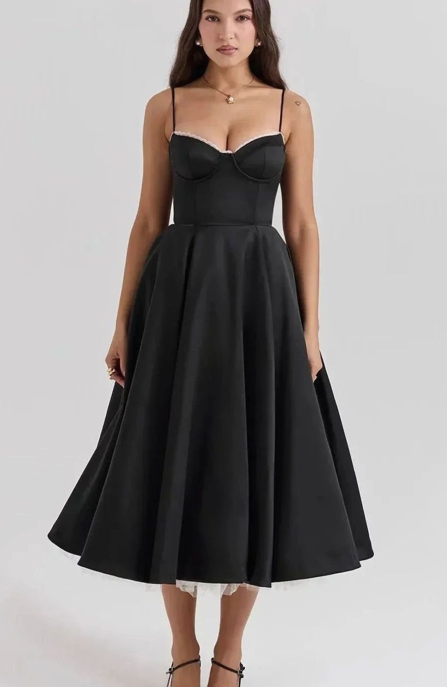 Women's Black Satin Bustier Party Dress Cream Tulle Midi