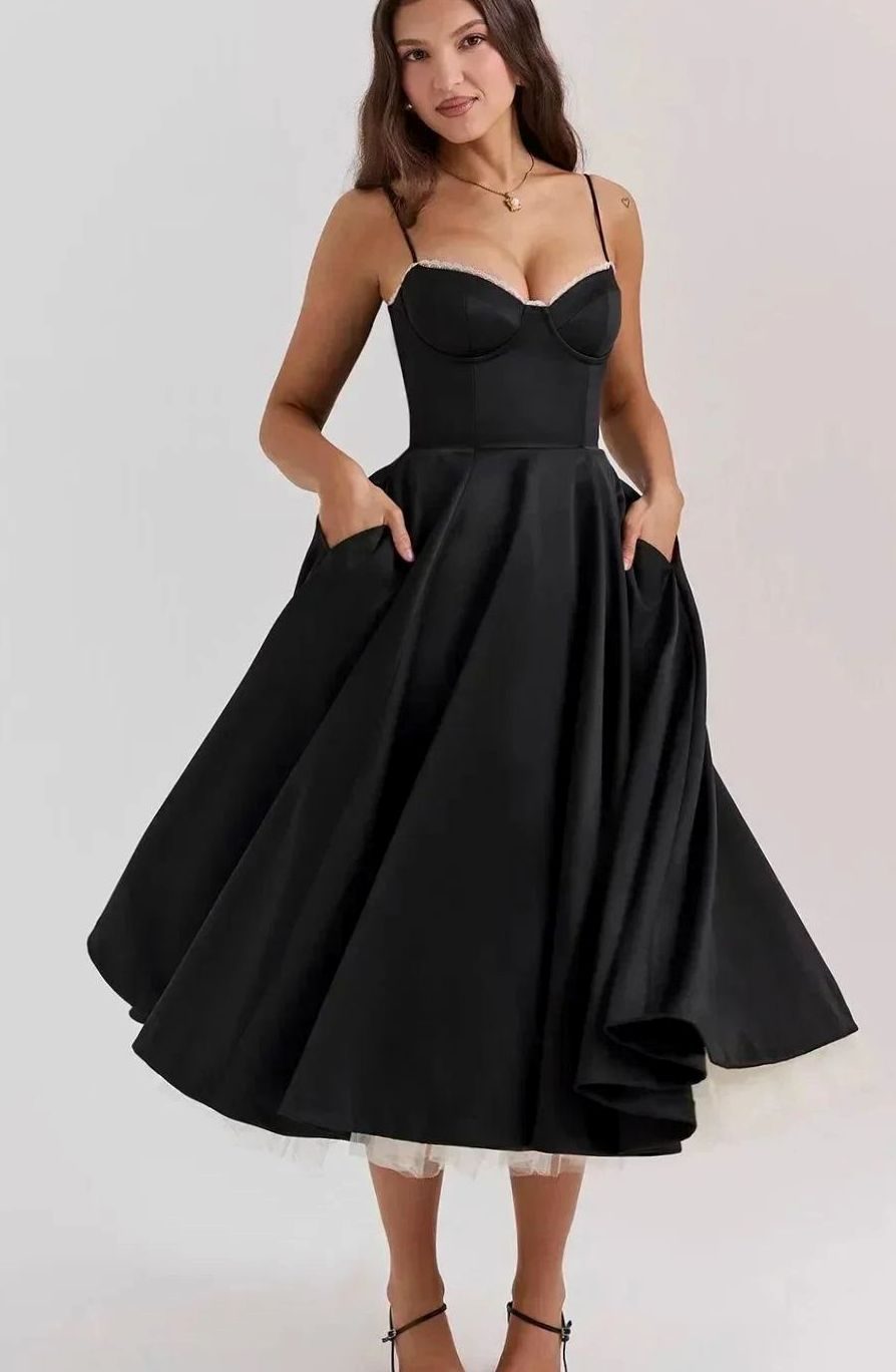 Women's Black Satin Bustier Party Dress Cream Tulle Midi