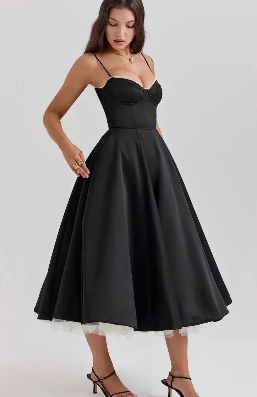 Women's Black Satin Bustier Party Dress Cream Tulle Midi