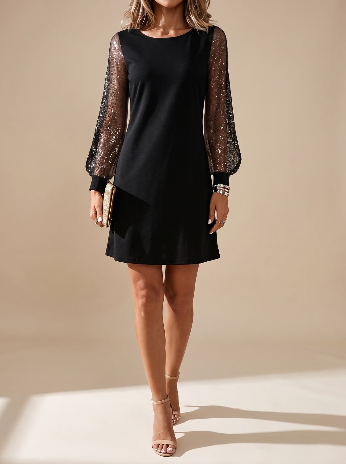 Women's Black Sequin Sleeve Mini Dress Round Neck