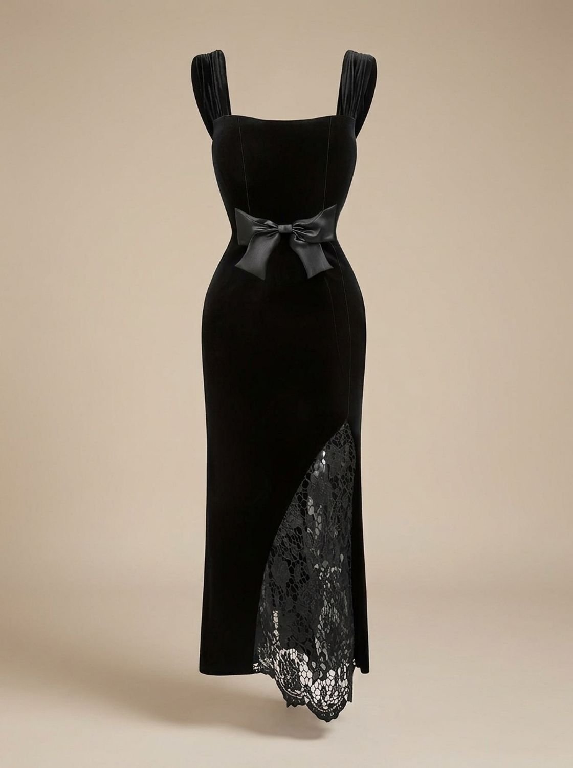 Women's Black Velvet Lace Bodycon Maxi Dress Bow Waist