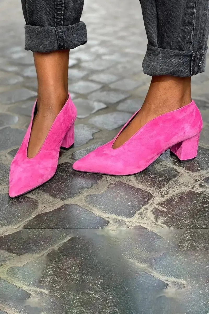 Women's Block Heel Court Shoes Pointed Toe Deep Cut - Fuchsia