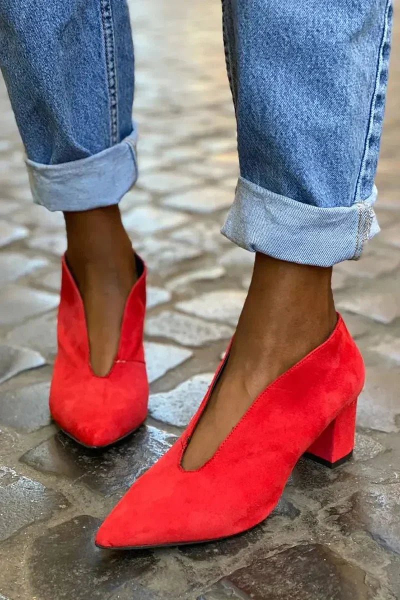 Women's Block Heel Court Shoes Pointed Toe Deep Cut - Red
