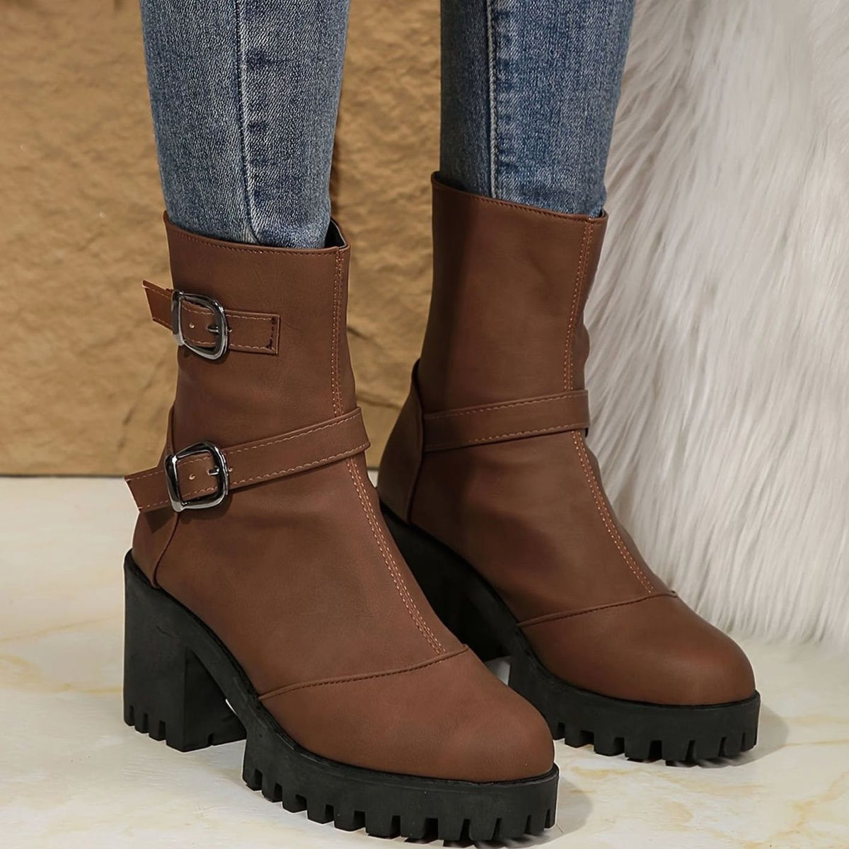 Women's Block Heel Double Buckle Ankle Boots