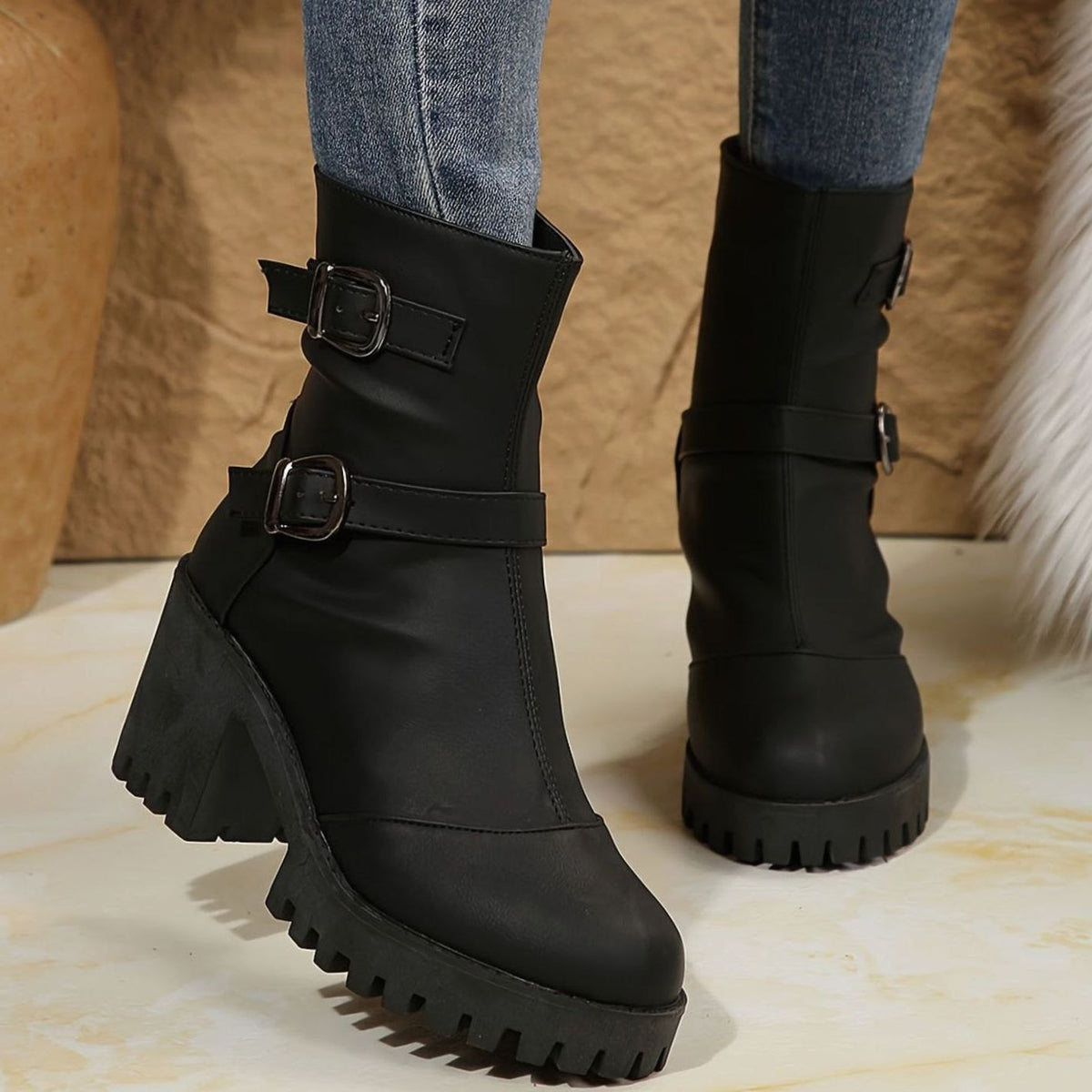 Women's Block Heel Double Buckle Ankle Boots