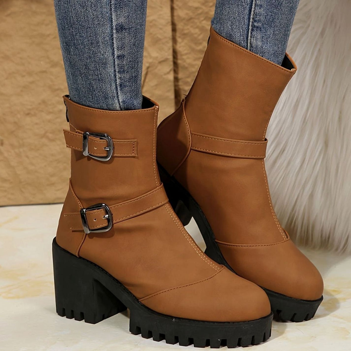 Women's Block Heel Double Buckle Ankle Boots - Brown