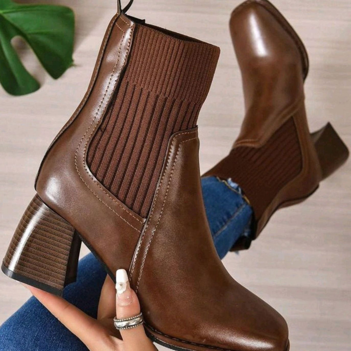 Women's Block-Heel Knit-Panel Slip-On Ankle Boots