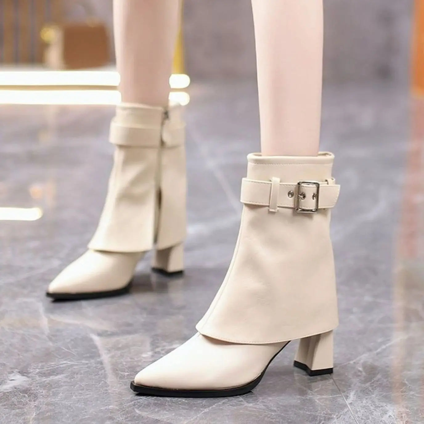 Women's Block-Heel Pointed-Toe Buckle Ankle Boots - Cream