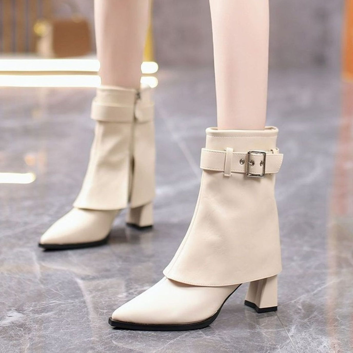Women's Block-Heel Pointed-Toe Buckle Ankle Boots, Cream - Cream