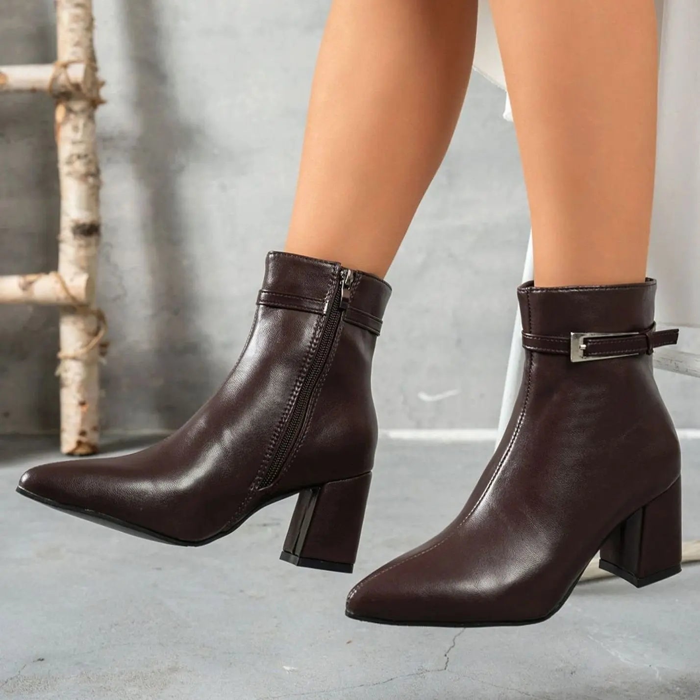 Women's Block-Heel Pointed-Toe Side-Zip Ankle Boots - Brown