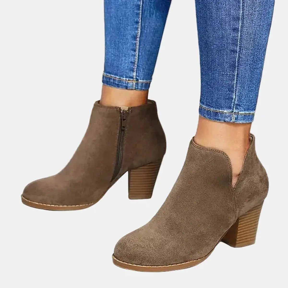Women's Block Heel Suede Ankle Boots Side Zip - Beige
