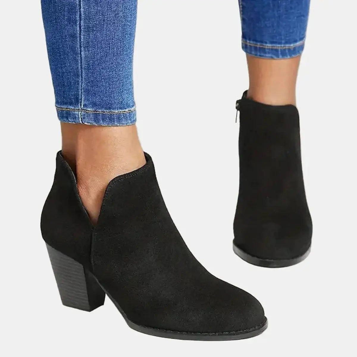 Women's Block Heel Suede Ankle Boots Side Zip