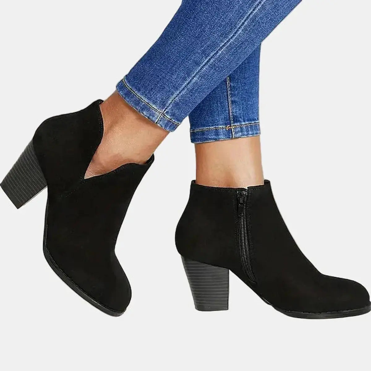 Women's Block Heel Suede Ankle Boots Side Zip