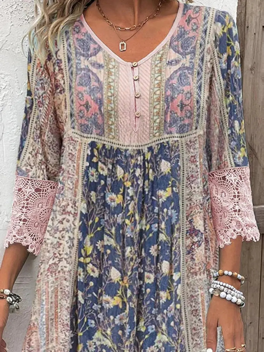 Women's Bohemian Floral Lace-Trim Tunic Dress
