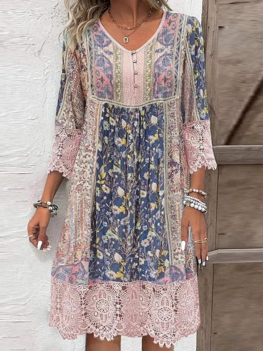 Women's Bohemian Floral Lace-Trim Tunic Dress - Pink