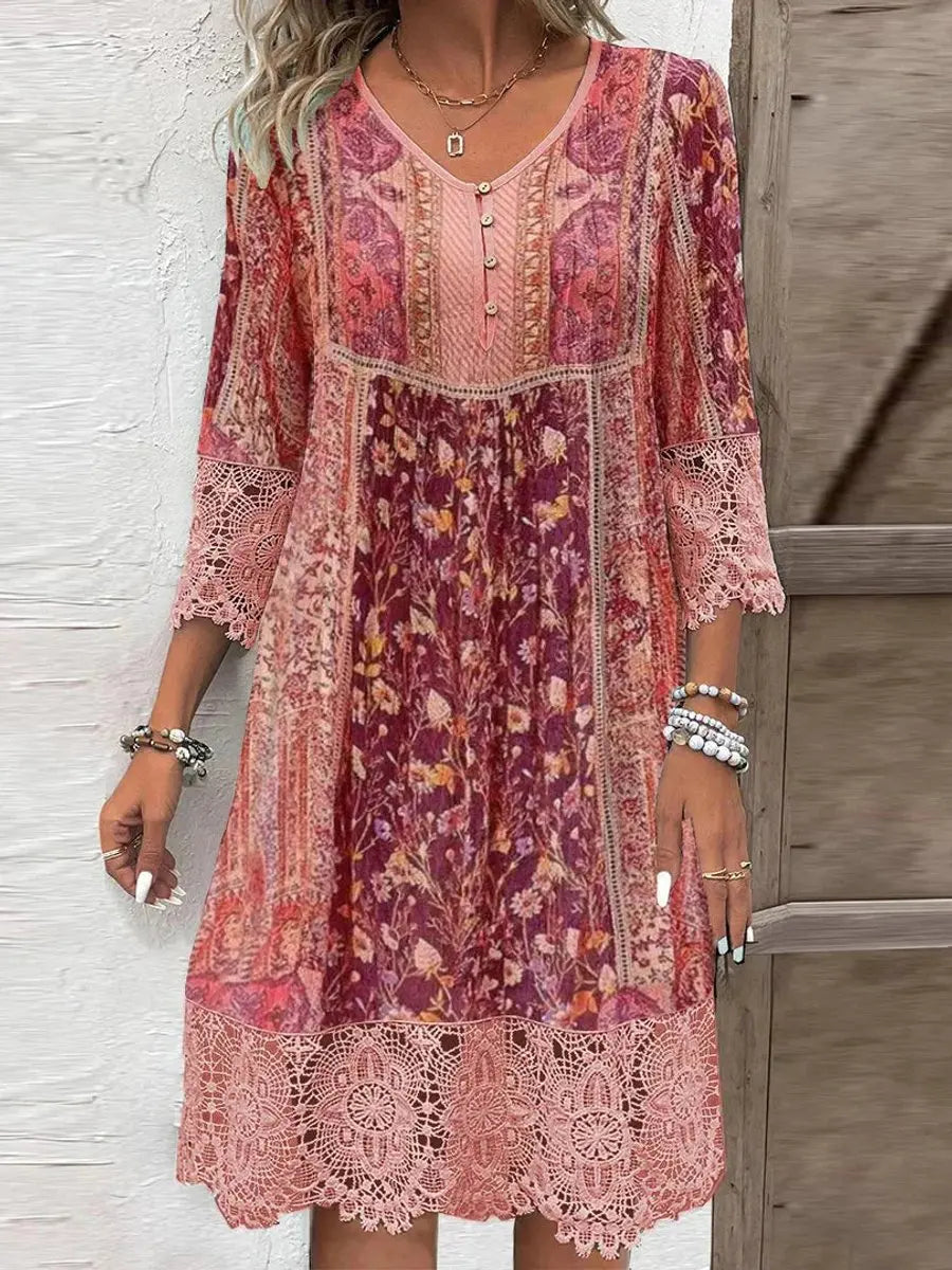 Women's Bohemian Floral Lace-Trim Tunic Dress - Red