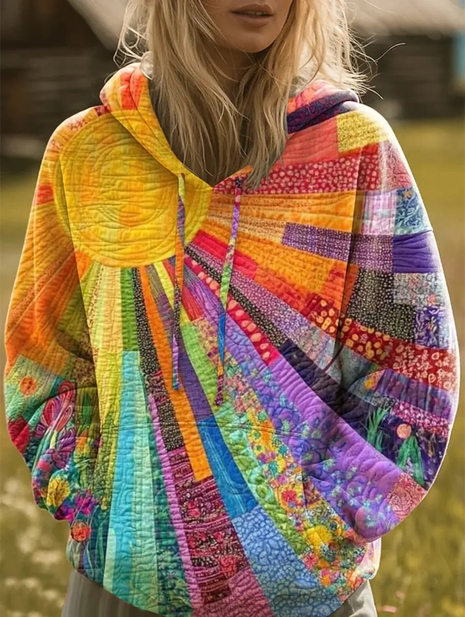 Women's Bohemian Patchwork Quilted Pullover Sweater Hoodie - Multicolour