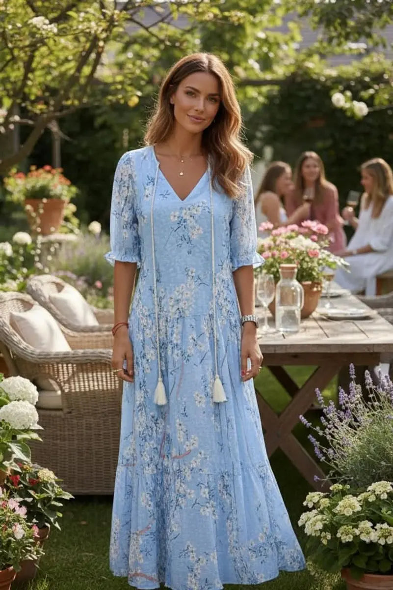 Women's Boho Floral Maxi Evening Gown V-Neck Adjustable Waist - Sky Blue