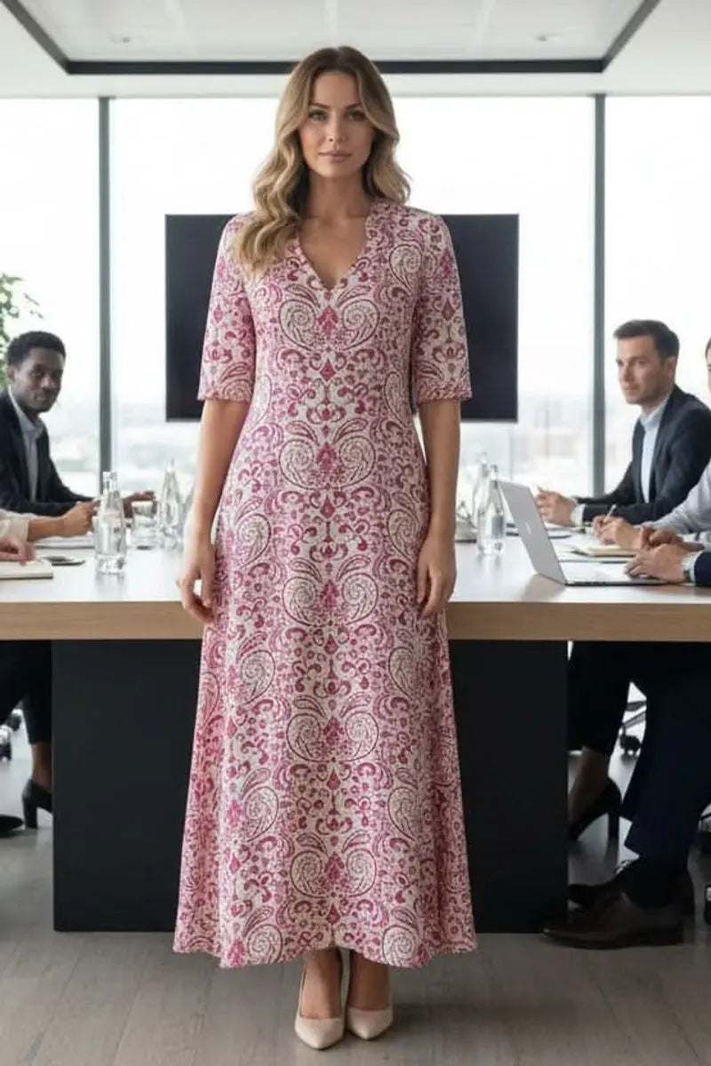 Women's Boho Floral Maxi Evening Gown V-Neck Adjustable Waist - Pink