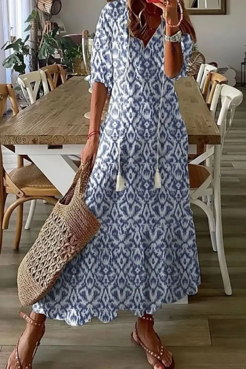 Women's Boho Floral Maxi Evening Gown V-Neck Adjustable Waist - Light Blue
