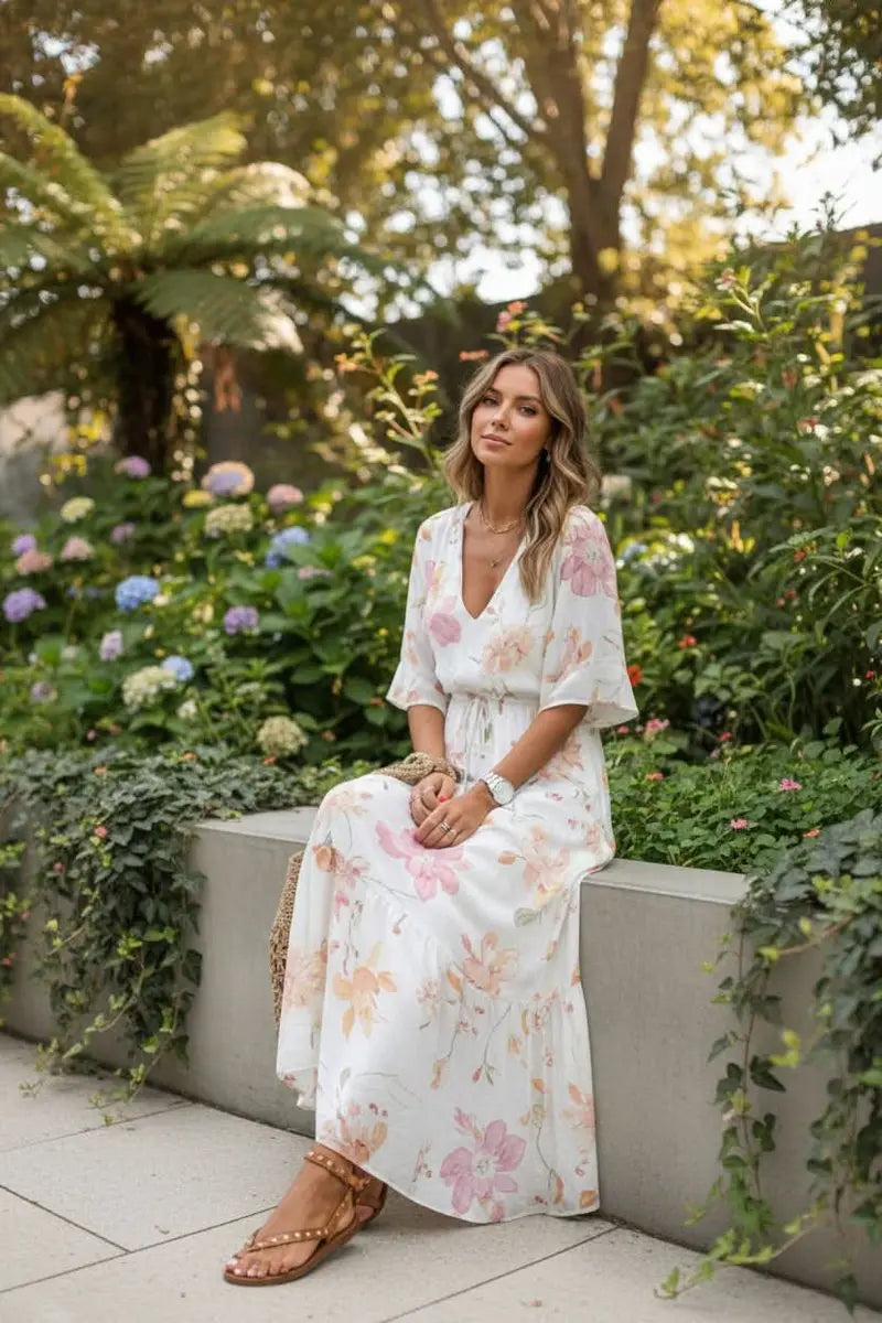 Women's Boho Floral Maxi Evening Gown V-Neck Adjustable Waist - White