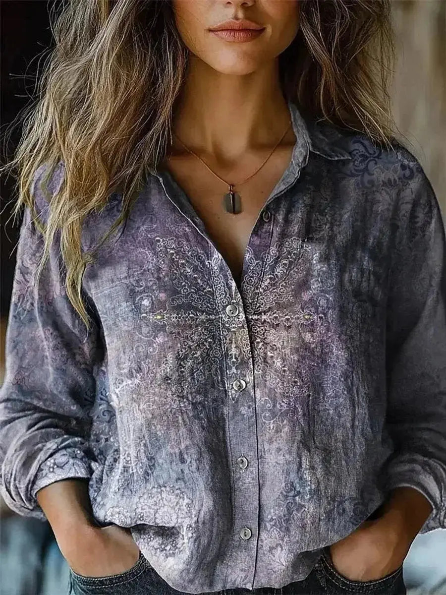 Women's Boho Floral Print Long Sleeve Button-Up Blouse - Purple