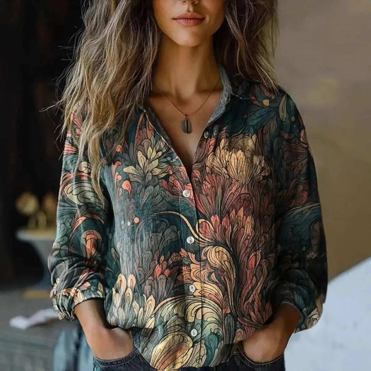 Women's Boho Floral Print Long Sleeve Button-Up Blouse - Dark Green
