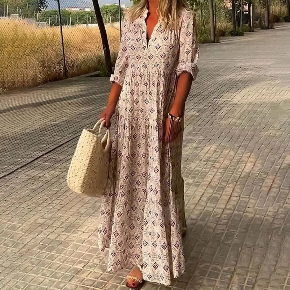 Women's Boho Floral Print V-Neck Maxi Cocktail Party Dress - Pink