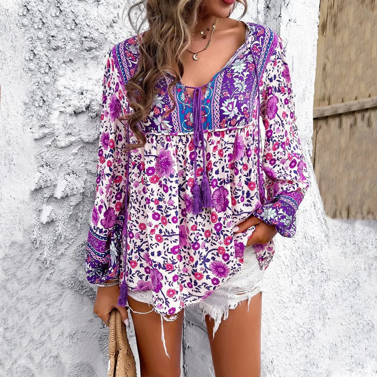 Women's Boho Floral V-Neck Tassel Drawstring Tunic Blouse - Purple