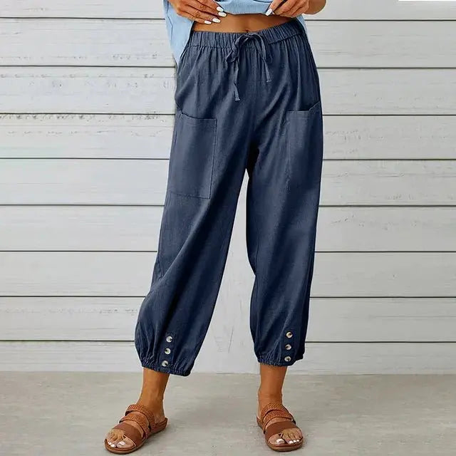 Women's Boho High Waist Drawstring Trousers - Navy Blue