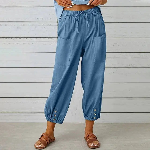 Women's Boho High Waist Drawstring Trousers - Denim Blue (Almost sold out)