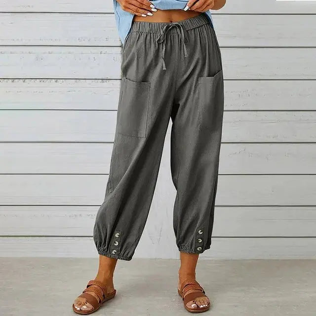 Women's Boho High Waist Drawstring Trousers - Dark Grey