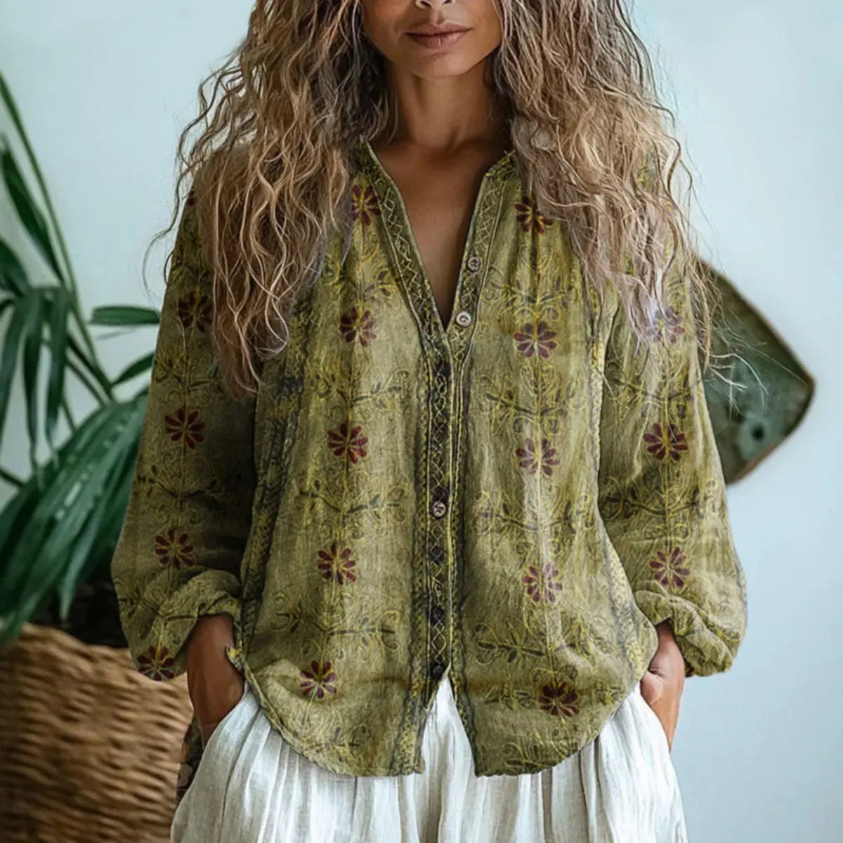 Women's Boho Linen Button-Up Cardigan Blouse Dragonfly Print - Light Olive Green