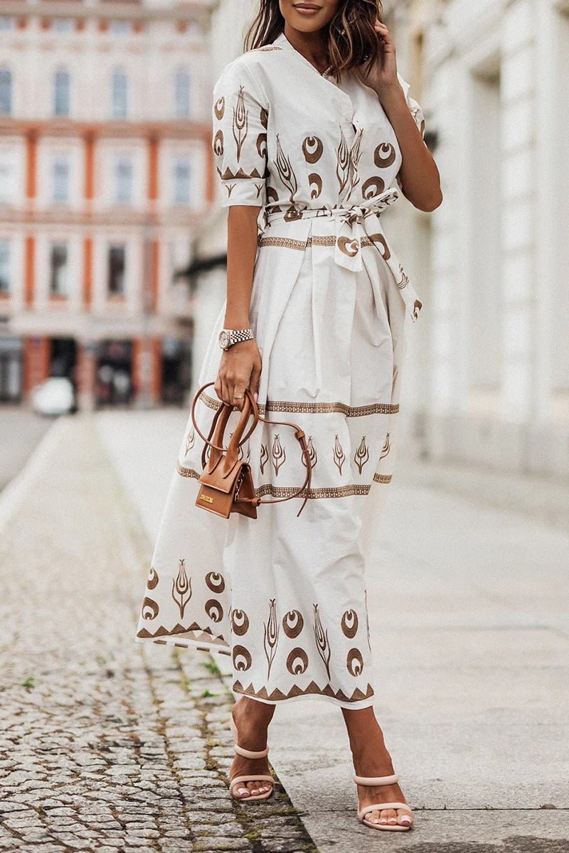 Women's Boho Midi Dress Belted 3/4 Sleeve Geometric Print - White