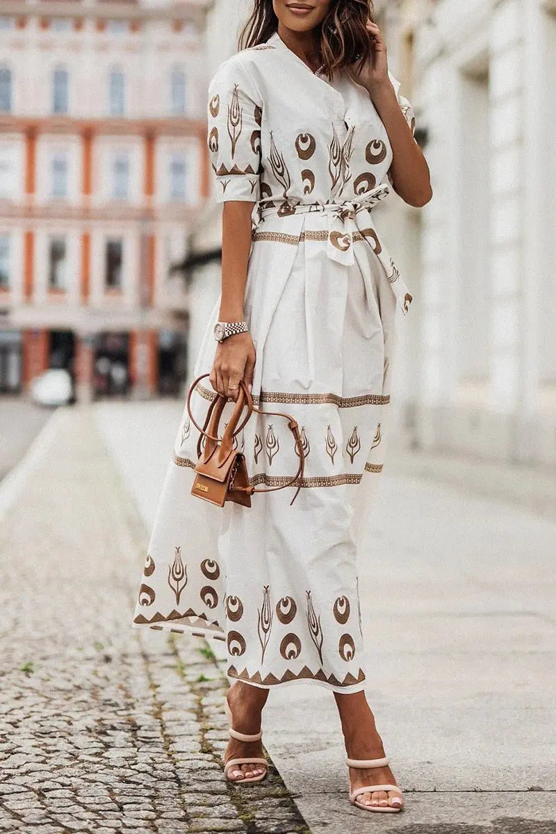 Women's Boho Midi Dress Belted 3/4 Sleeve Geometric Print - White