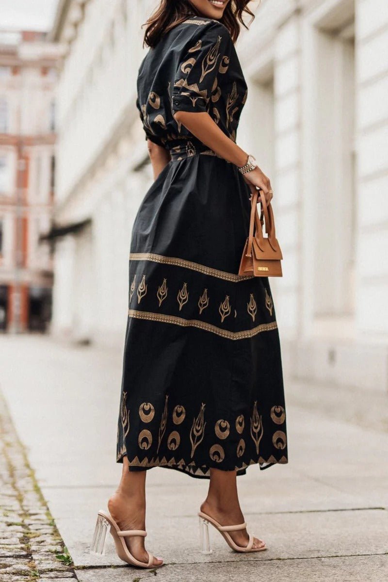 Women's Boho Midi Dress Belted 3/4 Sleeve Geometric Print