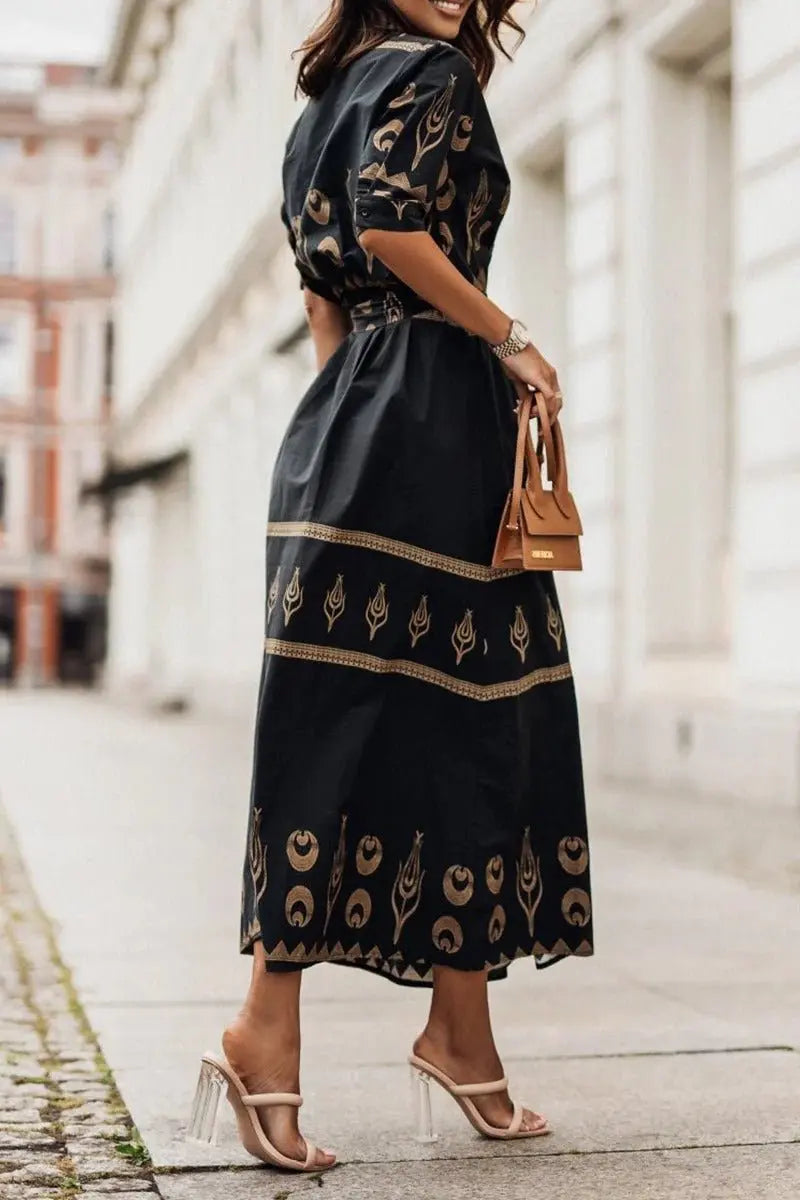 Women's Boho Midi Dress Belted 3/4 Sleeve Geometric Print
