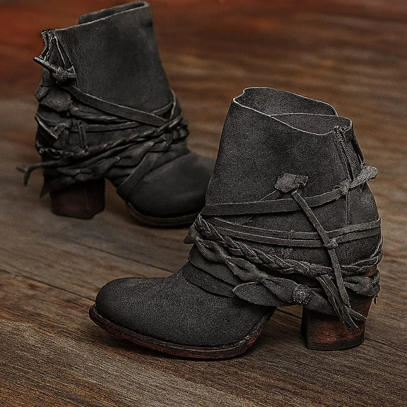 Women's Boho Western Wraparound Strap Block-Heel Ankle Boots - Grey