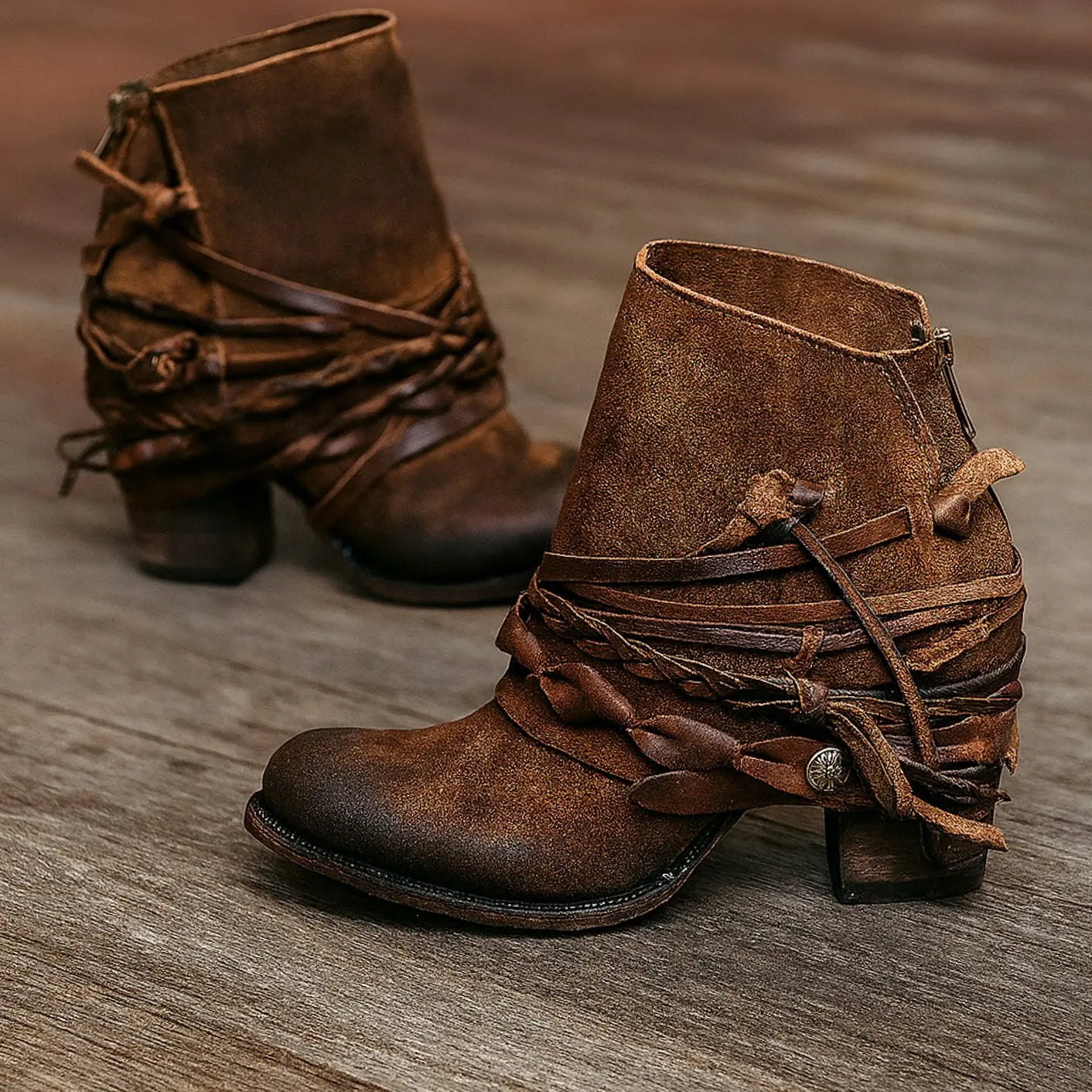Women's Boho Western Wraparound Strap Block-Heel Ankle Boots - Brown
